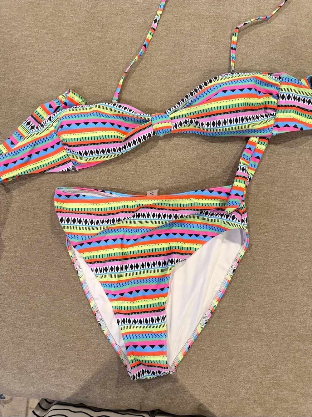 Popvil Neon Multi-Stripe Bandeau Bikini Set - Pink, Yellow, Blue, Green